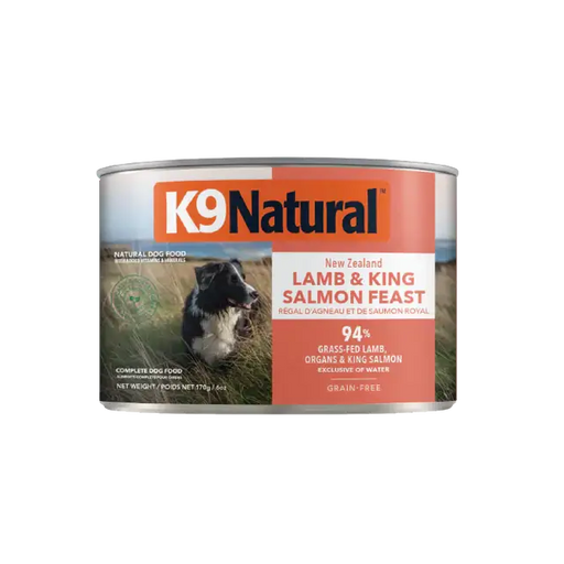 K9 Natural New Zealand Lamb & King Salmon Feast grain-free canned dog food, 170 g, 94% grass-fed lamb, organs and king salmon. Sold at Jake's Pet Supply Boca Raton Lake Worth