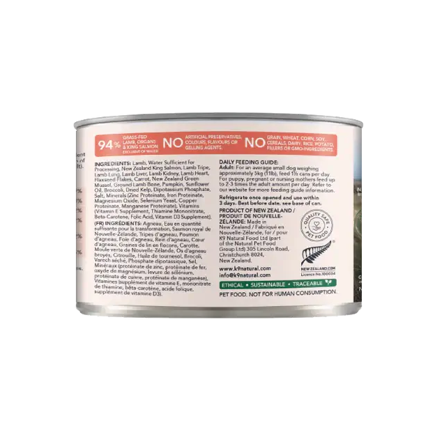 K9 Natural Lamb & King Salmon Feast 170 g canned dog food ingredients list and daily feeding guide. Sold at Jake's Pet Supply Boca Raton Lake Worth