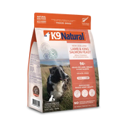 K9 Natural New Zealand Lamb & King Salmon Feast freeze-dried dog food, 500 g bag, 94% grass-fed lamb, organs and king salmon, grain-free. Sold at Jake's Pet Supply Boca Raton Lake Worth