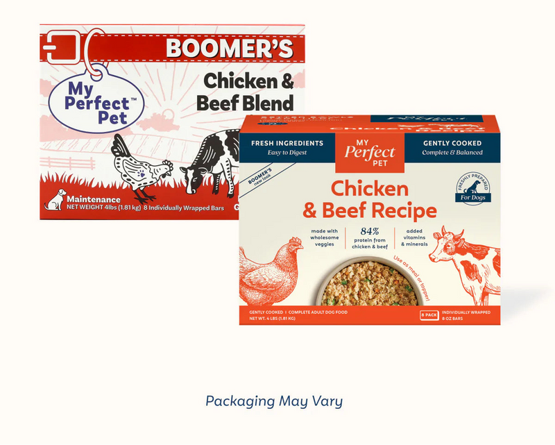 My Perfect Pet Boomer's Chicken & Beef Recipe gently cooked dog food box, 4 lb with eight 8 oz bars, 84% chicken and beef protein. Sold at Jake's Pet Supply Boca Raton Lake Worth