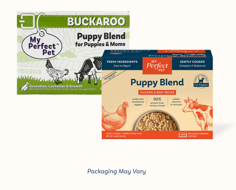 My Perfect Pet Buckaroo Puppy Blend Chicken & Beef Recipe gently cooked food box, 4 lb with eight 8 oz bars, 90% chicken and beef protein for puppies. Sold at Jake's Pet Supply Boca Raton Lake Worth