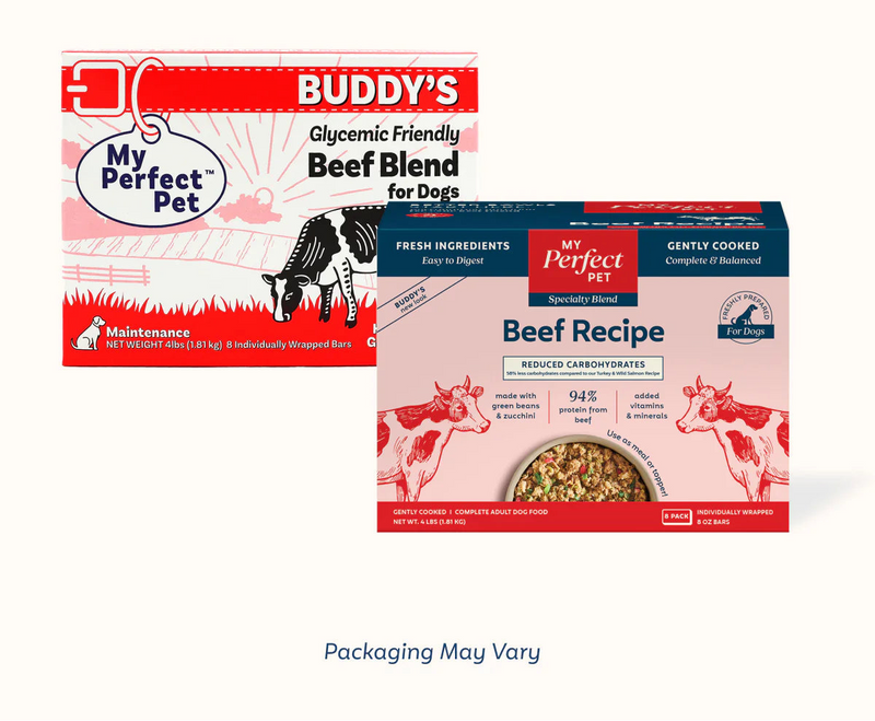 My Perfect Pet Buddy's Beef Recipe glycemic-friendly reduced-carb gently cooked dog food box, 4 lb with eight 8 oz bars, 94% beef protein. Sold at Jake's Pet Supply Boca Raton Lake Worth