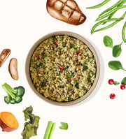 My Perfect Pet Charlie's Chicken gently cooked dog food served in a bowl with fresh vegetables. Sold at Jake's Pet Supply Boca Raton Lake Worth