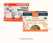 My Perfect Pet Hunter's Turkey & Wild Salmon Recipe gently cooked dog food box, 4 lb with eight 8 oz bars, 86% turkey and salmon protein. Sold at Jake's Pet Supply Boca Raton Lake Worth
