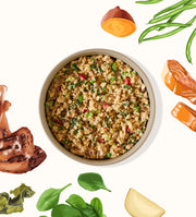 My Perfect Pet Hunter's Turkey & Wild Salmon gently cooked dog food served in a bowl with fresh vegetables. Sold at Jake's Pet Supply Boca Raton Lake Worth