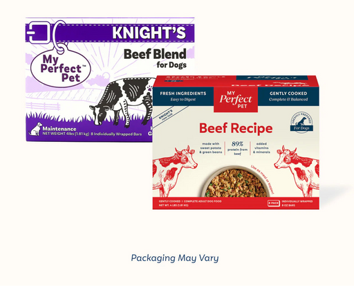 My Perfect Pet Knight's Beef Recipe gently cooked dog food box, 4 lb with eight 8 oz bars, 89% beef protein. Sold at Jake's Pet Supply Boca Raton Lake Worth