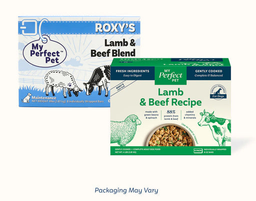 My Perfect Pet Roxy's Lamb & Beef Recipe gently cooked dog food box, 4 lb with eight 8 oz bars, 88% lamb and beef protein. Sold at Jake's Pet Supply Boca Raton Lake Worth