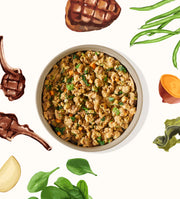My Perfect Pet Roxy's Lamb & Beef gently cooked dog food served in a bowl with fresh vegetables. Sold at Jake's Pet Supply Boca Raton Lake Worth