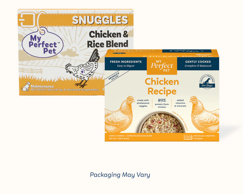 My Perfect Pet Snuggles Chicken Recipe gently cooked dog food box, 4 lb with eight 8 oz bars, 89% chicken protein. Sold at Jake's Pet Supply Boca Raton Lake Worth