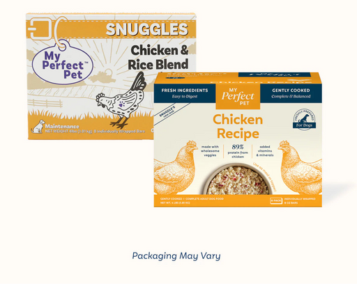 My Perfect Pet Snuggles Chicken Recipe gently cooked dog food box, 4 lb with eight 8 oz bars, 89% chicken protein. Sold at Jake's Pet Supply Boca Raton Lake Worth