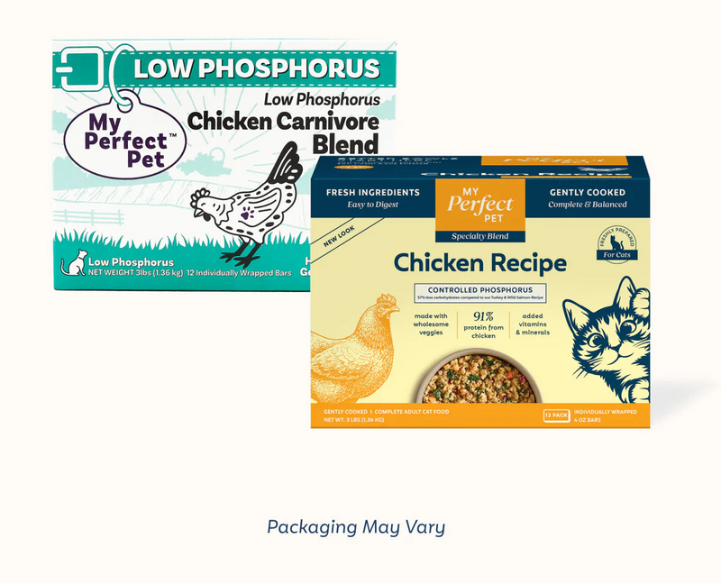 My Perfect Pet Specialty Blend Chicken Recipe controlled-phosphorus gently cooked cat food box, 3 lb with twelve 4 oz bars, 91% chicken protein. Sold at Jake's Pet Supply Boca Raton Lake Worth