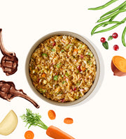 My Perfect Pet Specialty Blend Lamb gently cooked dog food served in a bowl with fresh vegetables. Sold at Jake's Pet Supply Boca Raton Lake Worth