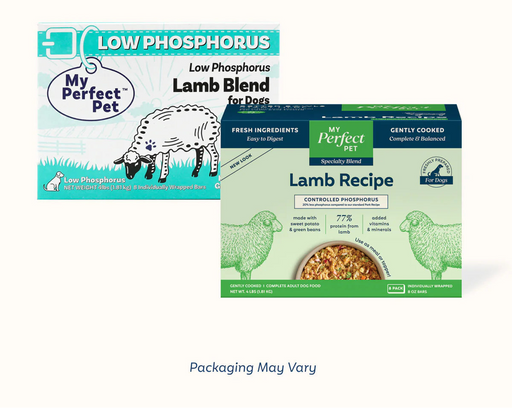 My Perfect Pet Specialty Blend Lamb Recipe controlled-phosphorus gently cooked dog food box, 4 lb with eight 8 oz bars, 77% lamb protein. Sold at Jake's Pet Supply Boca Raton Lake Worth