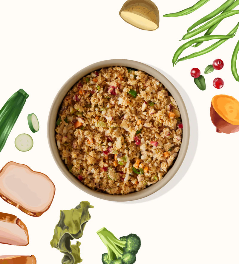 My Perfect Pet Specialty Blend Pork gently cooked dog food served in a bowl with fresh vegetables. Sold at Jake's Pet Supply Boca Raton Lake Worth