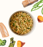 My Perfect Pet Specialty Blend White Fish gently cooked dog food served in a bowl with fresh vegetables. Sold at Jake's Pet Supply Boca Raton Lake Worth