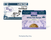 My Perfect Pet Specialty Blend White Fish Recipe reduced-fat gently cooked dog food box, 4 lb with eight 8 oz bars, 91% white fish protein. Sold at Jake's Pet Supply Boca Raton Lake Worth