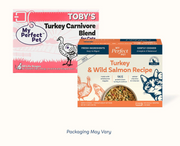 My Perfect Pet Toby's Turkey & Wild Salmon Recipe gently cooked cat food box, 3 lb with twelve 4 oz bars, 96% turkey and salmon protein. Sold at Jake's Pet Supply Boca Raton Lake Worth