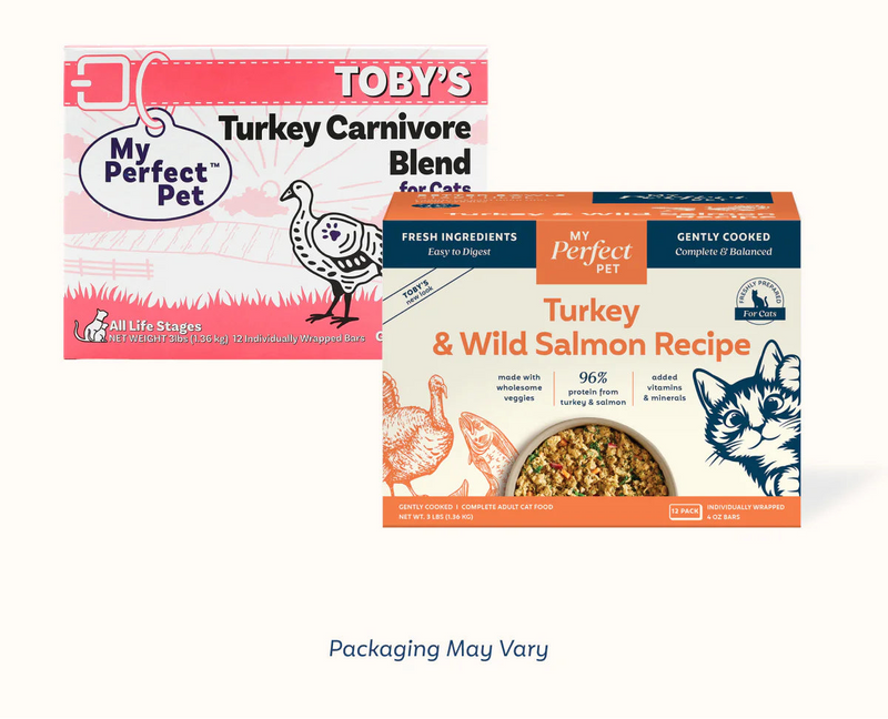 My Perfect Pet Toby's Turkey & Wild Salmon Recipe gently cooked cat food box, 3 lb with twelve 4 oz bars, 96% turkey and salmon protein. Sold at Jake's Pet Supply Boca Raton Lake Worth