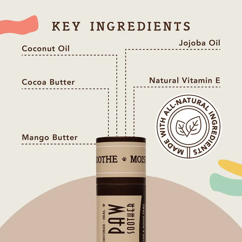 Natural Dog Company Paw Soother key ingredients: coconut oil, cocoa butter, mango butter, jojoba oil and vitamin E. Sold at Jake's Pet Supply Boca Raton Lake Worth
