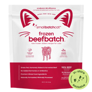Smallbatch Cat Frozen Beefbatch raw frozen sliders for cats, 3 lb bag, 98% grass-fed beef, organ and bone. Sold at Jake's Pet Supply Boca Raton Lake Worth
