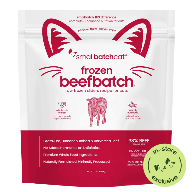 Smallbatch Cat Frozen Beefbatch raw frozen sliders for cats, 3 lb bag, 98% grass-fed beef, organ and bone. Sold at Jake's Pet Supply Boca Raton Lake Worth