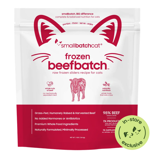 Smallbatch Cat Frozen Beefbatch raw frozen sliders for cats, 3 lb bag, 98% grass-fed beef, organ and bone. Sold at Jake's Pet Supply Boca Raton Lake Worth