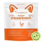 Smallbatch Cat Frozen Chickenbatch raw frozen sliders for cats, 3 lb bag, 98% humanely raised chicken, organ and bone. Sold at Jake's Pet Supply Boca Raton Lake Worth