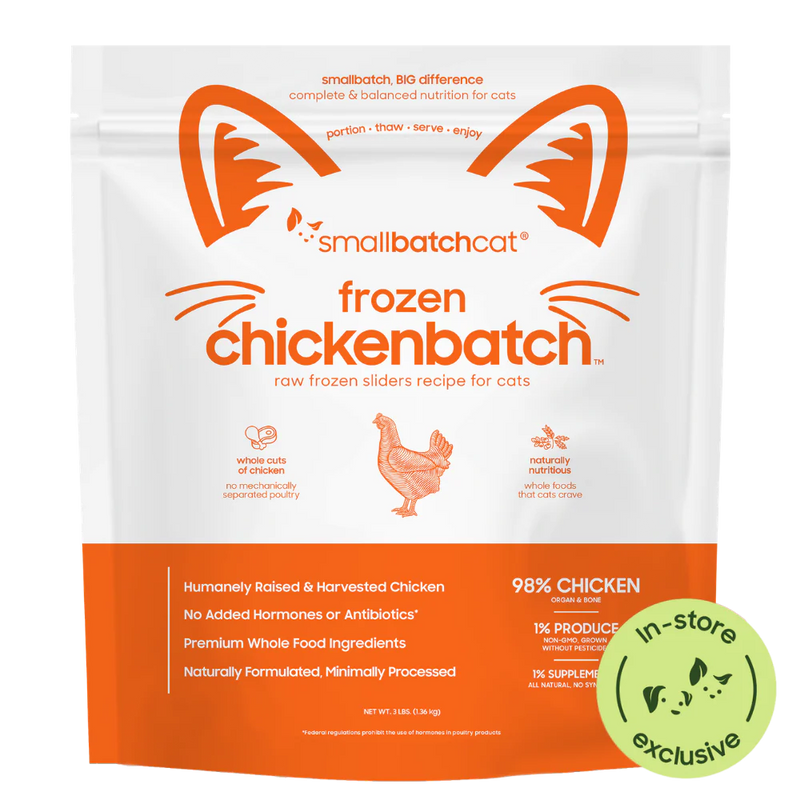 Smallbatch Cat Frozen Chickenbatch raw frozen sliders for cats, 3 lb bag, 98% humanely raised chicken, organ and bone. Sold at Jake's Pet Supply Boca Raton Lake Worth