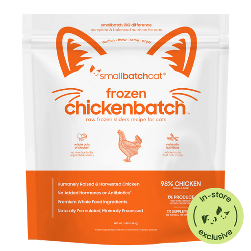 Smallbatch Cat Frozen Chickenbatch raw frozen sliders for cats, 3 lb bag, 98% humanely raised chicken, organ and bone. Sold at Jake's Pet Supply Boca Raton Lake Worth