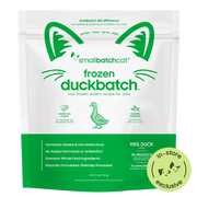 Smallbatch Cat Frozen Duckbatch raw frozen sliders for cats, 3 lb bag, 98% humanely raised duck and bone. Sold at Jake's Pet Supply Boca Raton Lake Worth