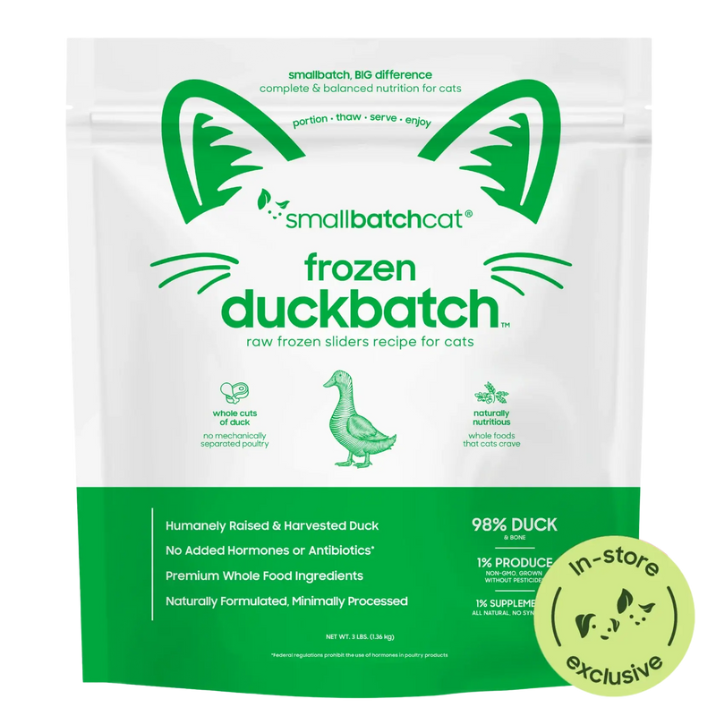 Smallbatch Cat Frozen Duckbatch raw frozen sliders for cats, 3 lb bag, 98% humanely raised duck and bone. Sold at Jake's Pet Supply Boca Raton Lake Worth