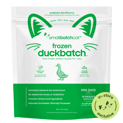 Smallbatch Cat Frozen Duckbatch raw frozen sliders for cats, 3 lb bag, 98% humanely raised duck and bone. Sold at Jake's Pet Supply Boca Raton Lake Worth