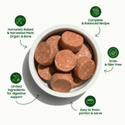 Smallbatch Cat Frozen Duckbatch raw sliders in a bowl, limited ingredients, grain and filler free, easy to portion. Sold at Jake's Pet Supply Boca Raton Lake Worth