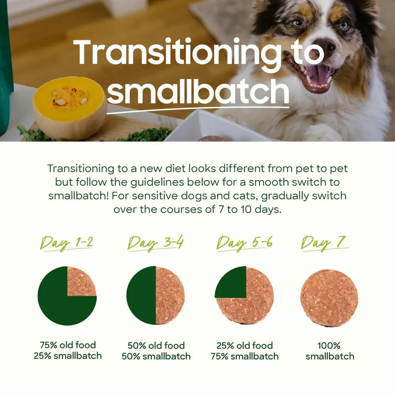 Smallbatch transitioning guide showing how to switch a cat to Frozen Duckbatch over seven days. Sold at Jake's Pet Supply Boca Raton Lake Worth