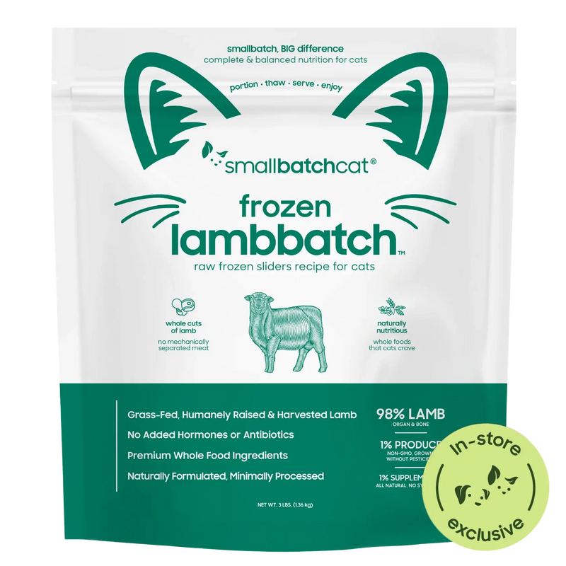 Smallbatch Cat Frozen Lambbatch raw frozen sliders for cats, 3 lb bag, 98% grass-fed lamb, organ and bone. Sold at Jake's Pet Supply Boca Raton Lake Worth