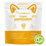 Smallbatch Cat Frozen Porkbatch raw frozen sliders for cats, 3 lb bag, 98% humanely raised pork, organ and bone. Sold at Jake's Pet Supply Boca Raton Lake Worth