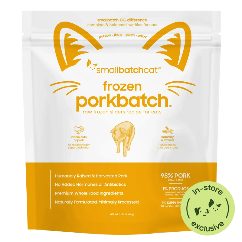 Smallbatch Cat Frozen Porkbatch raw frozen sliders for cats, 3 lb bag, 98% humanely raised pork, organ and bone. Sold at Jake's Pet Supply Boca Raton Lake Worth