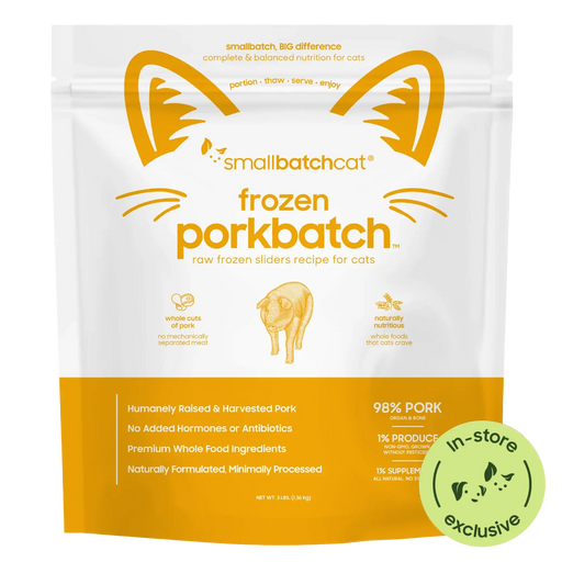 Smallbatch Cat Frozen Porkbatch raw frozen sliders for cats, 3 lb bag, 98% humanely raised pork, organ and bone. Sold at Jake's Pet Supply Boca Raton Lake Worth