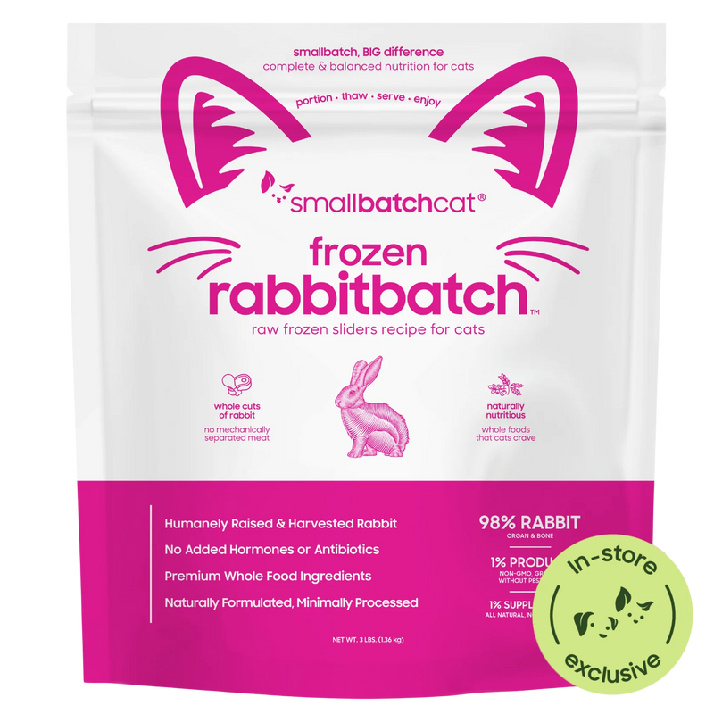 Smallbatch Cat Frozen Rabbitbatch raw frozen sliders for cats, 3 lb bag, 98% humanely raised rabbit, organ and bone. Sold at Jake's Pet Supply Boca Raton Lake Worth