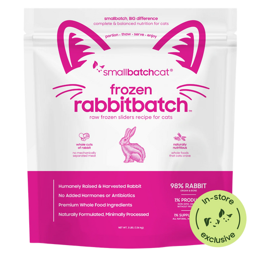 Smallbatch Cat Frozen Rabbitbatch raw frozen sliders for cats, 3 lb bag, 98% humanely raised rabbit, organ and bone. Sold at Jake's Pet Supply Boca Raton Lake Worth
