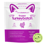 Smallbatch Cat Frozen Turkeybatch raw frozen sliders for cats, 3 lb bag, 98% humanely raised turkey, organ and bone. Sold at Jake's Pet Supply Boca Raton Lake Worth
