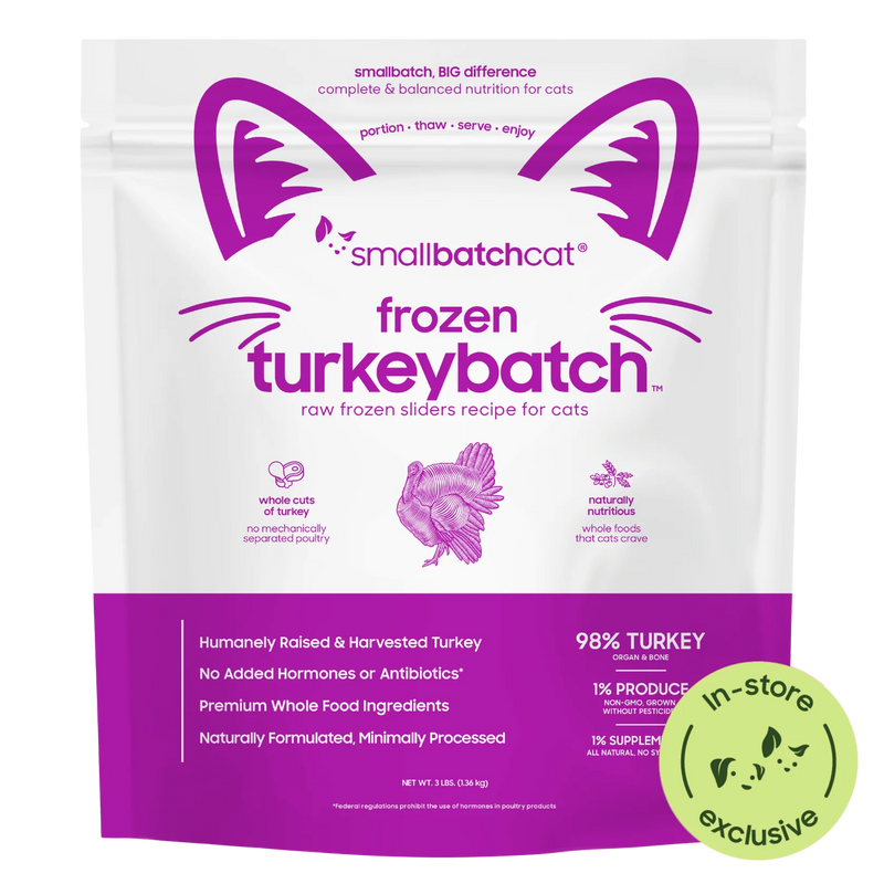 Smallbatch Cat Frozen Turkeybatch raw frozen sliders for cats, 3 lb bag, 98% humanely raised turkey, organ and bone. Sold at Jake's Pet Supply Boca Raton Lake Worth