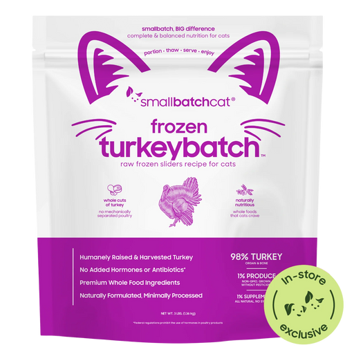 Smallbatch Cat Frozen Turkeybatch raw frozen sliders for cats, 3 lb bag, 98% humanely raised turkey, organ and bone. Sold at Jake's Pet Supply Boca Raton Lake Worth