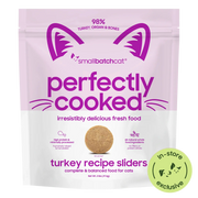 Smallbatch Cat Perfectly Cooked Turkey Recipe sliders, 2 lb bag of fresh cat food, 98% turkey, organ and bones. Sold at Jake's Pet Supply Boca Raton Lake Worth