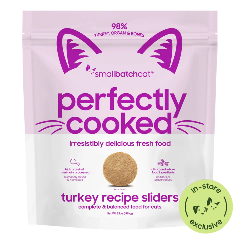 Smallbatch Cat Perfectly Cooked Turkey Recipe sliders, 2 lb bag of fresh cat food, 98% turkey, organ and bones. Sold at Jake's Pet Supply Boca Raton Lake Worth