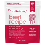 Smallbatch Dog Beef Recipe freeze-dried sliders for dogs, 14 oz bag, 88% grass-fed beef, organ and bone. Sold at Jake's Pet Supply Boca Raton Lake Worth