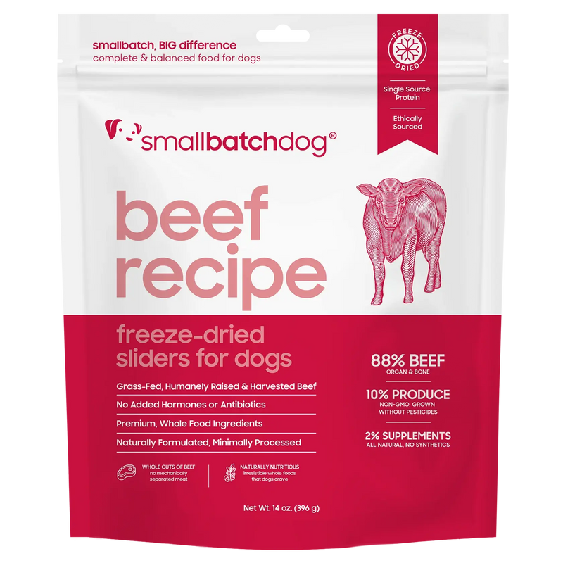 Smallbatch Dog Beef Recipe freeze-dried sliders for dogs, 14 oz bag, 88% grass-fed beef, organ and bone. Sold at Jake's Pet Supply Boca Raton Lake Worth