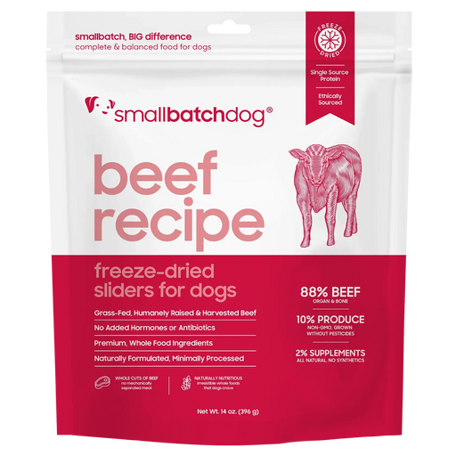 Smallbatch Dog Beef Recipe freeze-dried sliders for dogs, 14 oz bag, 88% grass-fed beef, organ and bone. Sold at Jake's Pet Supply Boca Raton Lake Worth