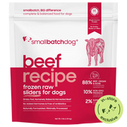 Smallbatch Dog Beef Recipe frozen raw sliders for dogs, 3 lb and 6 lb bag, 88% grass-fed beef, organ and bone. Sold at Jake's Pet Supply Boca Raton Lake Worth