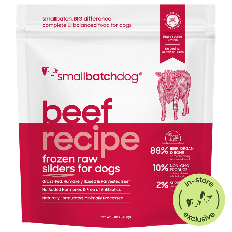 Smallbatch Dog Beef Recipe frozen raw sliders for dogs, 3 lb and 6 lb bag, 88% grass-fed beef, organ and bone. Sold at Jake's Pet Supply Boca Raton Lake Worth